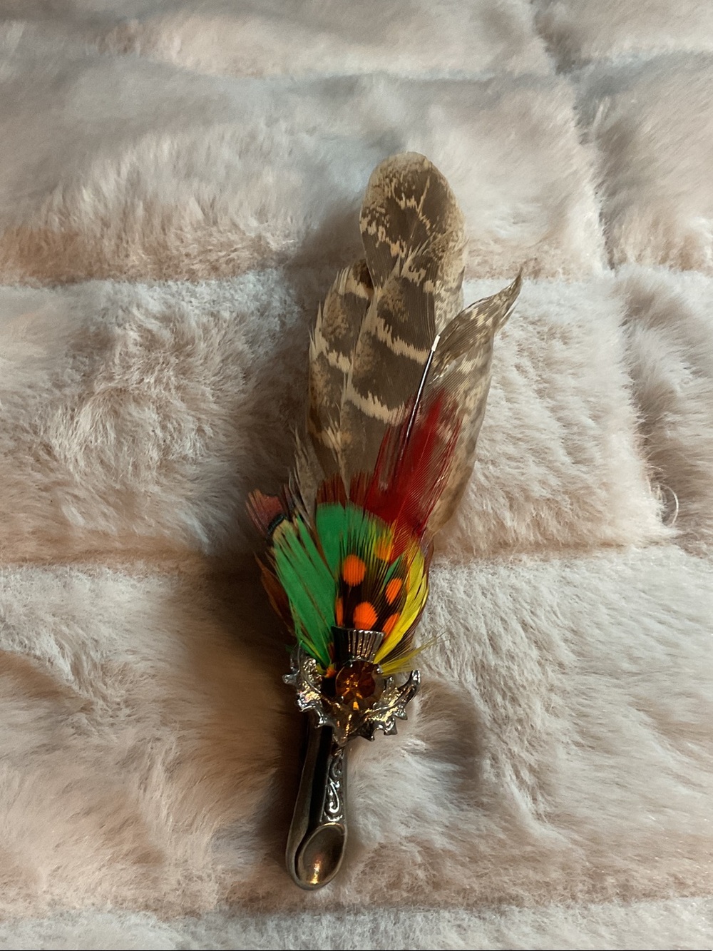 Feather Cluster Brooch with Green, Orange & Red Accents